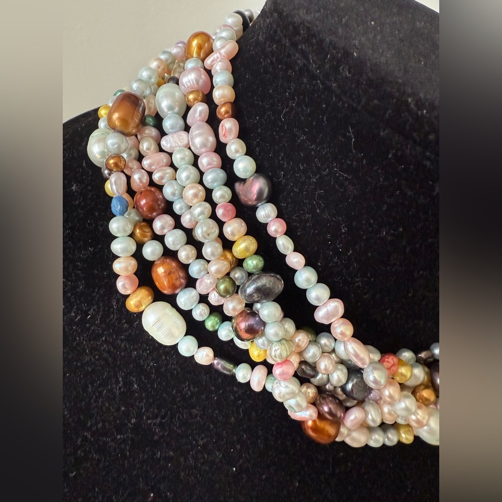 Sterling Silver 925 7-Strand Multi-Color Pearl Genuine Necklace Collar Choker - Picture 10 of 11